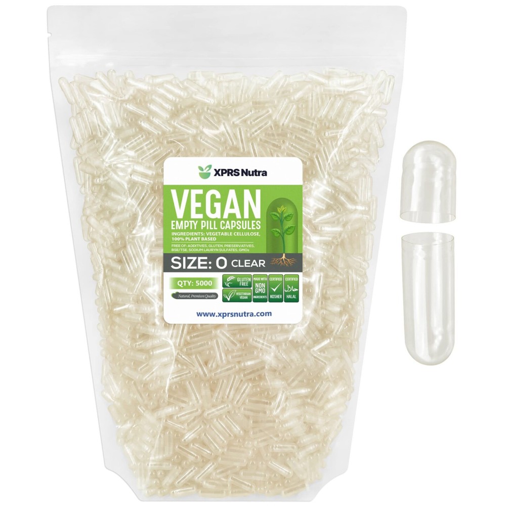XPRS Nutra Size 0 Empty Capsules - 5000 Count Clear Empty Vegan Capsules - Vegetarian Pills - DIY Vegetable Capsule Filling - Veggie Pill Caps for Do-It-Yourself Supplements