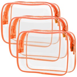 PACKISM Clear Makeup Bag with Zipper, 3 Pack Beauty Clear Cosmetic Bag TSA Approved Toiletry Bag, Travel Toiletry Bag, Quart Size Bag Carry on Airport Airline Compliant Bag, Orange