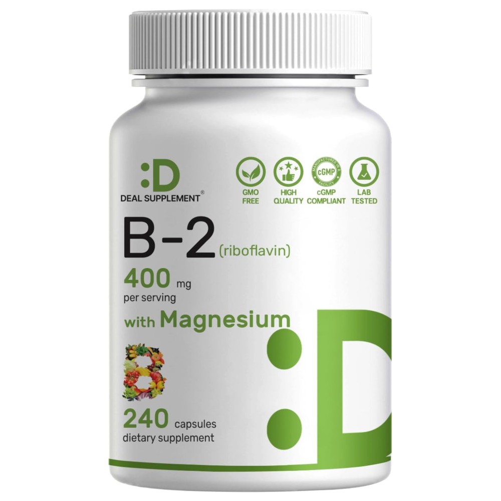 DEAL SUPPLEMENT Vitamin B2 400mg (Riboflavin) | with Magnesium Glycinate 400mg, 240 Capsules - 2 in 1 Support Healthy Nervous System, Mood, Blood & Energy Production, Non-GMO