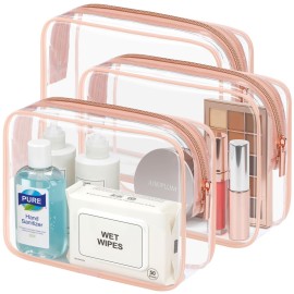PACKISM Clear Makeup Bag - TSA Approved Toiletry Bag 3 Pack Medium, Quart Size Bag for Travel Size Toiletries Clear Toiletry Bag, Carry on Airport Airline Compliant Bag, Rose Pink