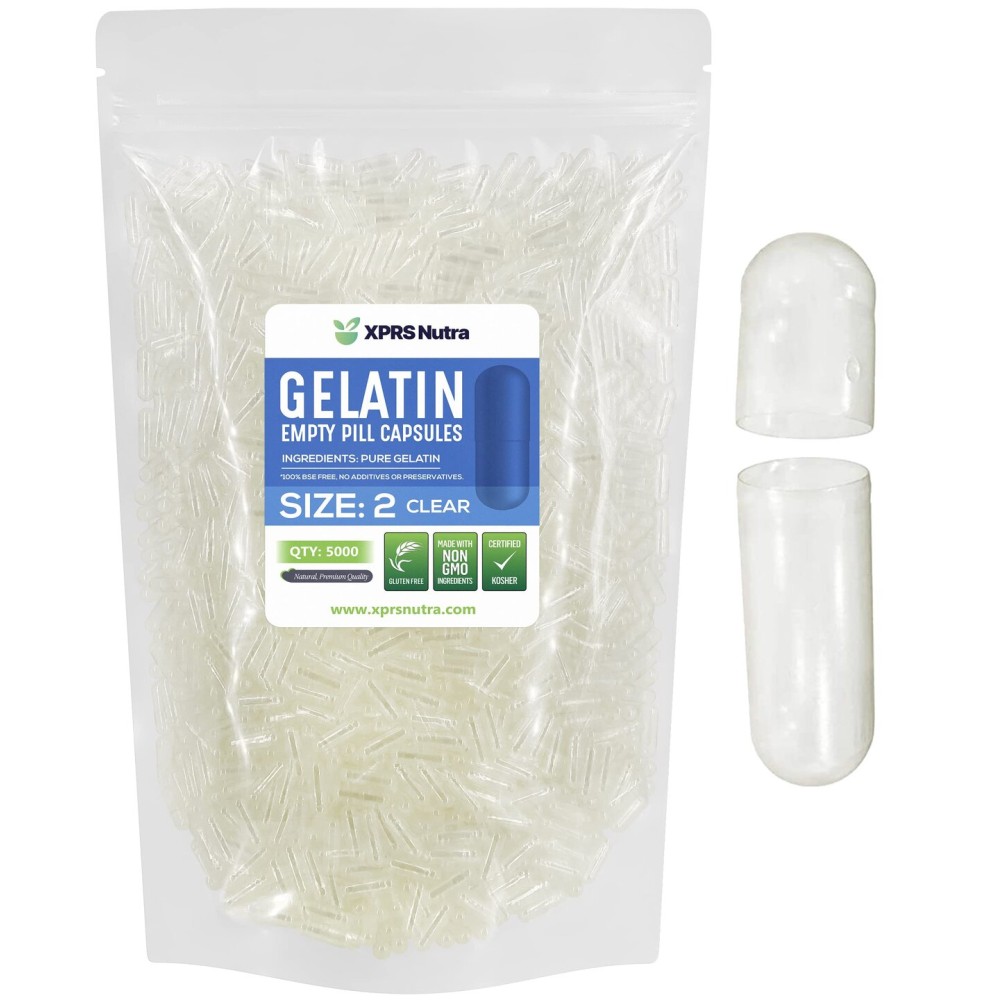 XPRS Nutra Size 2 Empty Capsules - 5000 Count Clear Empty Gelatin Capsules - Pills DIY Capsule Filling - Pure Bovine Pill Gel Caps for Do-It-Yourself Supplements