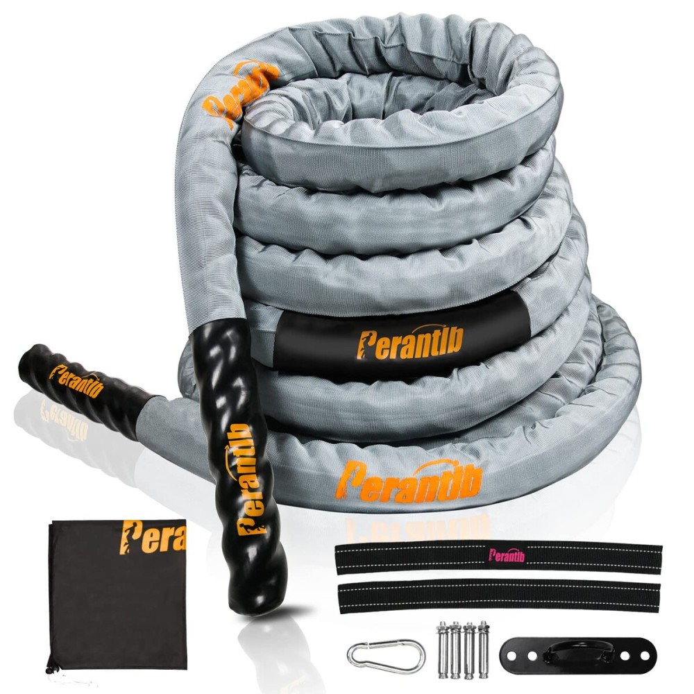 Perantlb Battle Rope with cloth sleeve -1.5/2 Inch Diameter 30\' 40\' 50\' Lengths -Gym Muscle Toning Metabolic Workout Fitness, battle rope Anchor Strap Kit Included (1.5 x 30 ft Length)