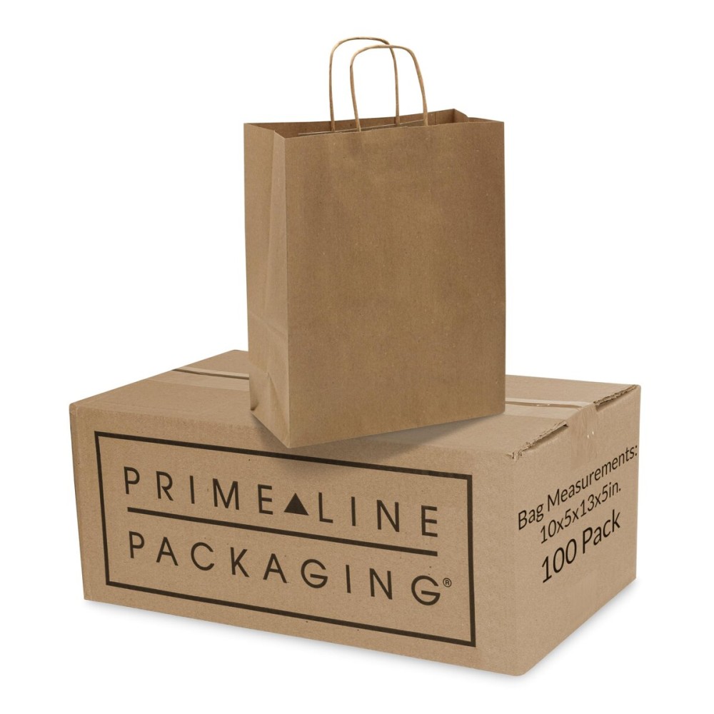 Prime Line Packaging Brown Paper Bags, Kraft Gift Bags Medium with Handles for Small Business, Shopping, Boutiques, Retail Store Use, Bulk, 10x5x13, 100 Pack