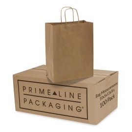 Prime Line Packaging Brown Paper Bags, Kraft Gift Bags Medium with Handles for Small Business, Shopping, Boutiques, Retail Store Use, Bulk, 10x5x13, 100 Pack