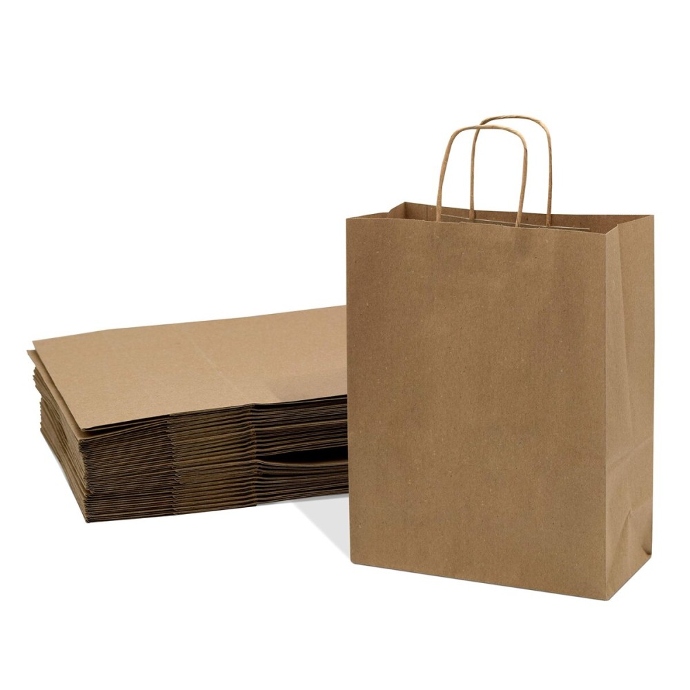 Prime Line Packaging Medium Brown Paper Bags with Handles, Kraft Gift for Small Business, Shopping, Boutiques, Retail Store, Bulk, 10x5x13, 25 Pack