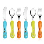 Lehoo Castle 6 Pieces Toddler Utensils, Kids Silverware for 2 3 4 Years Old, Stainless Steel Knife Fork and Spoon Set with Plastic Handle, Safe Toddler Cutlery (Orange)