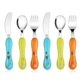 Lehoo Castle 6 Pieces Toddler Utensils, Kids Silverware for 2 3 4 Years Old, Stainless Steel Knife Fork and Spoon Set with Plastic Handle, Safe Toddler Cutlery (Orange)
