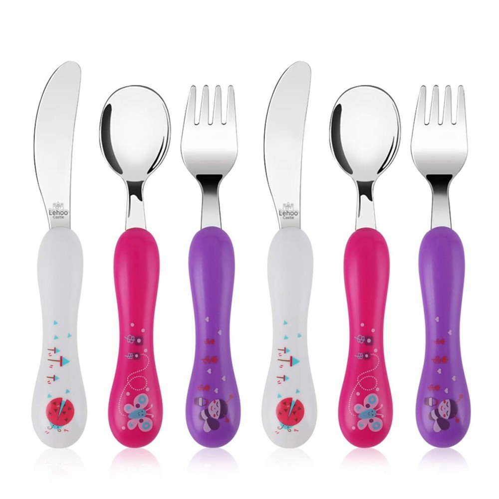 Lehoo Castle 6 Pieces Toddler Utensils, Kids Silverware for 2 3 4 Years Old, Stainless Steel Knife Fork and Spoon Set with Plastic Handle, Safe Toddler Cutlery (Pink)