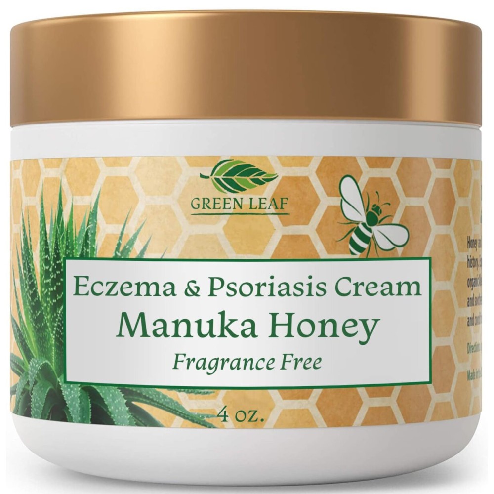 Green Leaf Naturals Manuka Honey Eczema Cream Moisturizing Lotion Fragrance Free for Psoriasis Relief - Itchy, Dry Skin Ointment - Skin Soothing Moisturizer - Body & Face Cream - Kids & Adults 4oz