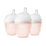 Olababy Gentle Silicone Baby Bottle, Anti-Colic, BPA Free, Easy to Clean and Wide Neck Baby Bottles Best for Breast Feeding Babies 3 Piece Set (4 Ounce 3PK, Coral)