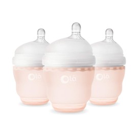 Olababy Gentle Silicone Baby Bottle, Anti-Colic, BPA Free, Easy to Clean and Wide Neck Baby Bottles Best for Breast Feeding Babies 3 Piece Set (4 Ounce 3PK, Coral)