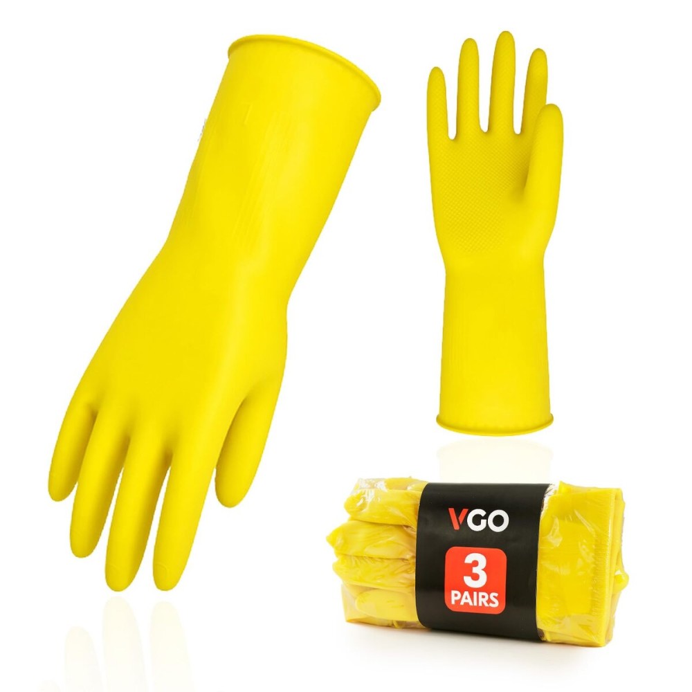 Vgo... 3-Pairs Reusable Household Gloves, Rubber Dishwashing gloves, Extra Thickness, Long Sleeves, Kitchen Cleaning, Working, Painting, Gardening, Pet Care (Size L, Yellow, HH4601)
