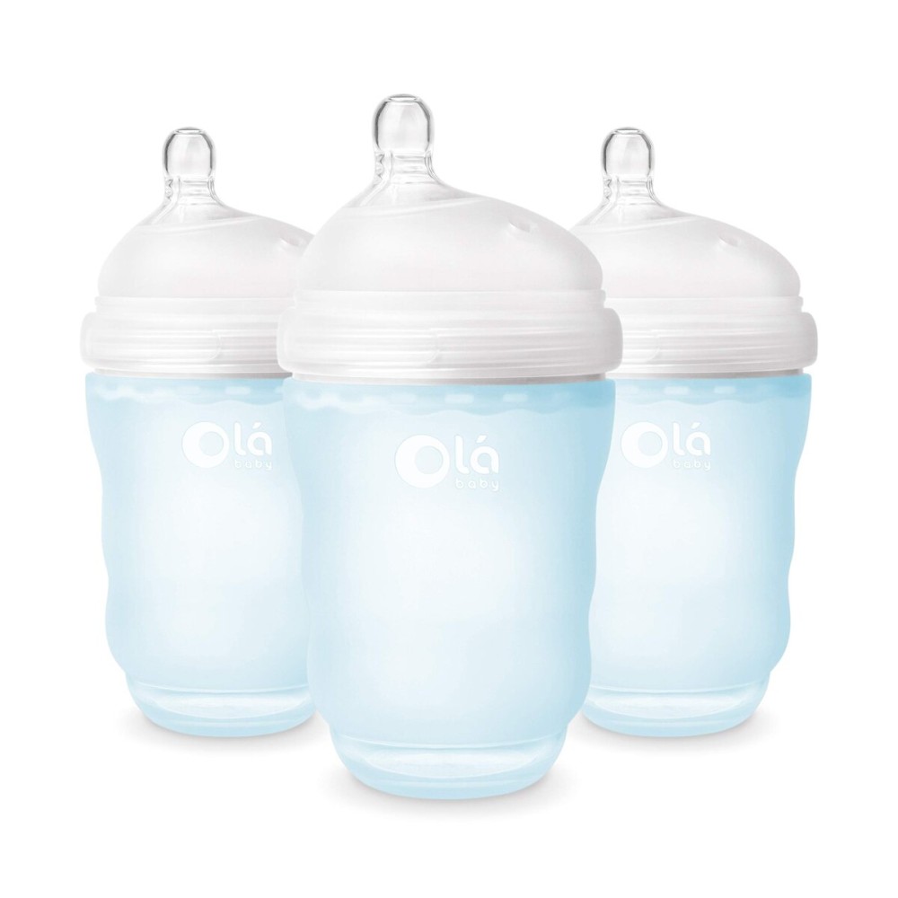 Olababy Gentle Silicone Baby Bottle, Anti-Colic, BPA Free, Easy to Clean and Wide Neck Baby Bottles Best for Breast Feeding Babies (8 Ounce 3PK, Sky)