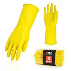 Vgo... 3-Pairs Reusable Household Gloves, Rubber Dishwashing gloves, Extra Thickness, Long Sleeves, Kitchen Cleaning, Working, Painting, Gardening, Pet Care (Size XL, Yellow, HH4601)