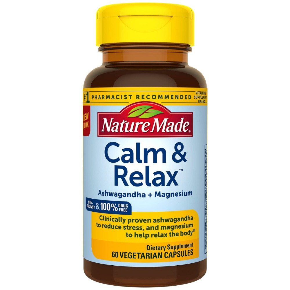 Nature Made Calm & Relax with 300mg Magnesium and 125mg Ashwagandha for Stress Relief, 60 Veggie Capsules