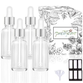PrettyCare 2 oz Dropper Bottles, 4 Pack Frosted Glass Bottles 60ml with Golden Caps, 12 Labels, Funnel & Measured Pipettes-Empty Tincture for Essential Oils & Skincare