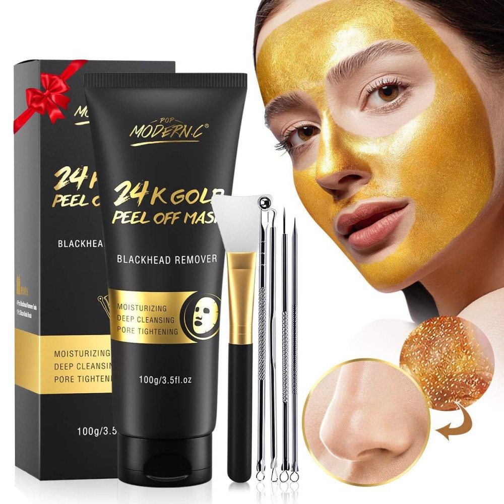 Blackhead Remover Mask, 24K Gold Peel Off Mask, Gold Facial Mask Anti-Aging, Deep Cleansing, Reduces Fine Lines Wrinkles Great for All Skin, With Blackhead Remover Extractor Tools Kit & Brush