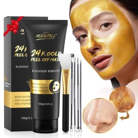 Blackhead Remover Mask, 24K Gold Peel Off Mask, Gold Facial Mask Anti-Aging, Deep Cleansing, Reduces Fine Lines Wrinkles Great for All Skin, With Blackhead Remover Extractor Tools Kit & Brush