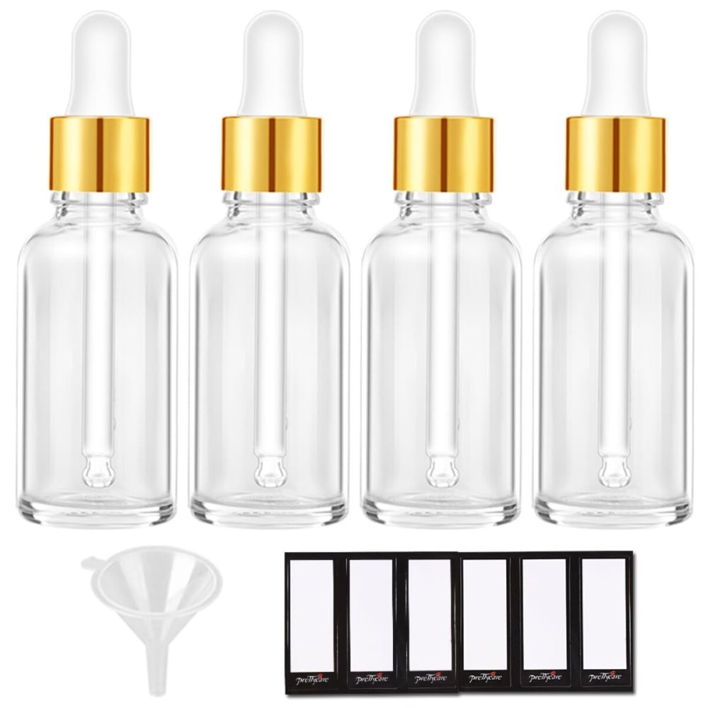 PrettyCare 2 oz Dropper Bottles, 4 Pack Clear Glass Bottles 60ml with Golden Caps, 12 Labels, Funnel & Measured Pipettes-Empty Tincture for Essential Oils & Skincare