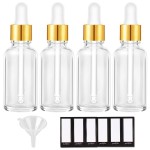 PrettyCare 2 oz Dropper Bottles, 4 Pack Clear Glass Bottles 60ml with Golden Caps, 12 Labels, Funnel & Measured Pipettes-Empty Tincture for Essential Oils & Skincare