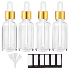 PrettyCare 2 oz Dropper Bottles, 4 Pack Clear Glass Bottles 60ml with Golden Caps, 12 Labels, Funnel & Measured Pipettes-Empty Tincture for Essential Oils & Skincare
