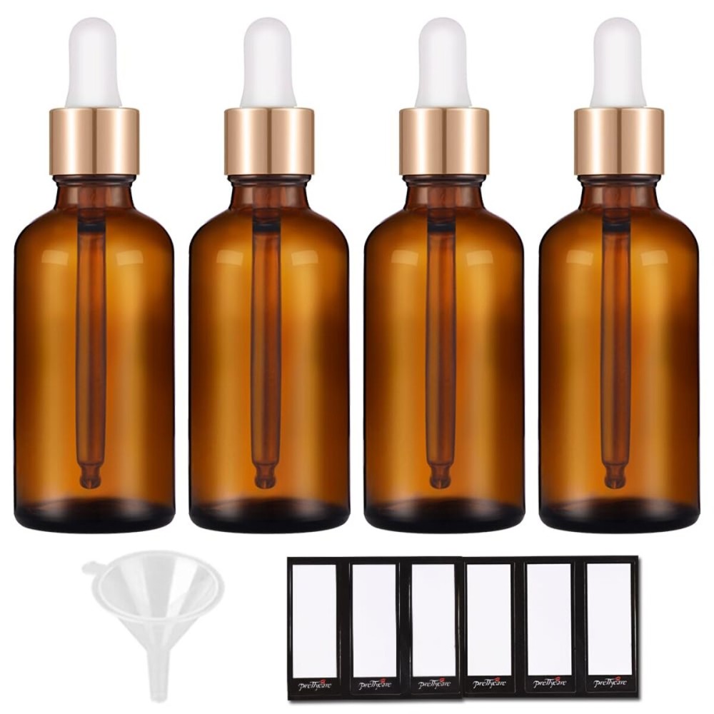 PrettyCare 2 oz Dropper Bottles, 4 Pack Amber Glass Bottles 60ml with Golden Caps, 12 Labels, Funnel & Measured Pipettes-Empty Tincture for Essential Oils & Skincare
