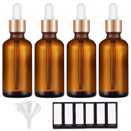 PrettyCare 2 oz Dropper Bottles, 4 Pack Amber Glass Bottles 60ml with Golden Caps, 12 Labels, Funnel & Measured Pipettes-Empty Tincture for Essential Oils & Skincare