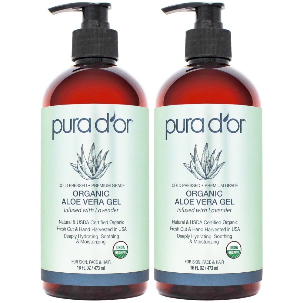 PURA D\'OR ORGANIC Aloe Vera Gel Lavender (16 Oz X 2) All Natural - ZERO Artificial Preservatives - Deeply Hydrating & Moisturizing - Sunburn, Bug Bites, Rashes, Small Cuts, Eczema Relief - Skin & Hair