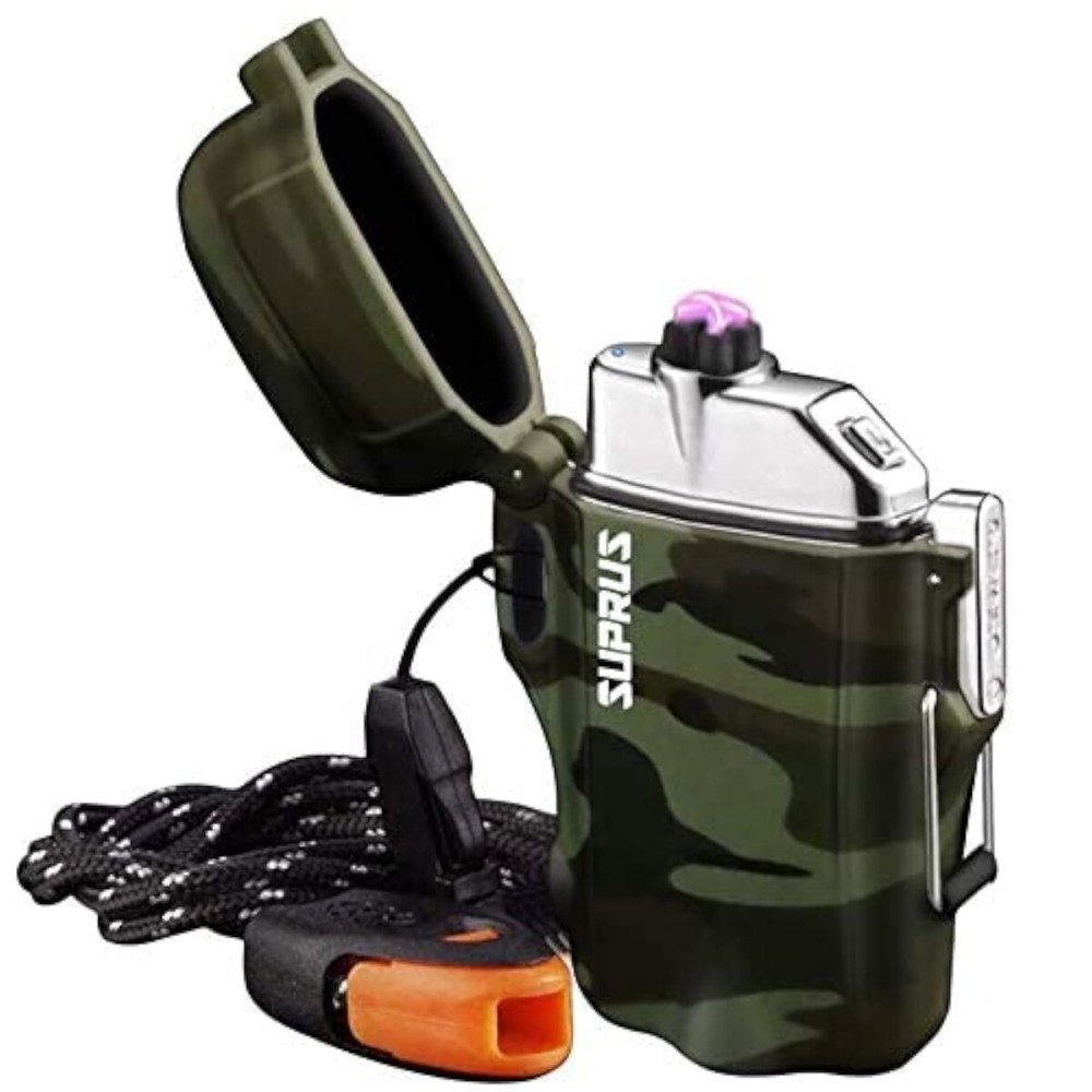 SUPRUS Waterproof Lighter 3 Modes of Flashlight Windproof Lighter Dual Arc Electric Lighters Rechargeable Dual Arc Plasma Lighter with Survival Emergency Whistle and Lanyard Camouflage