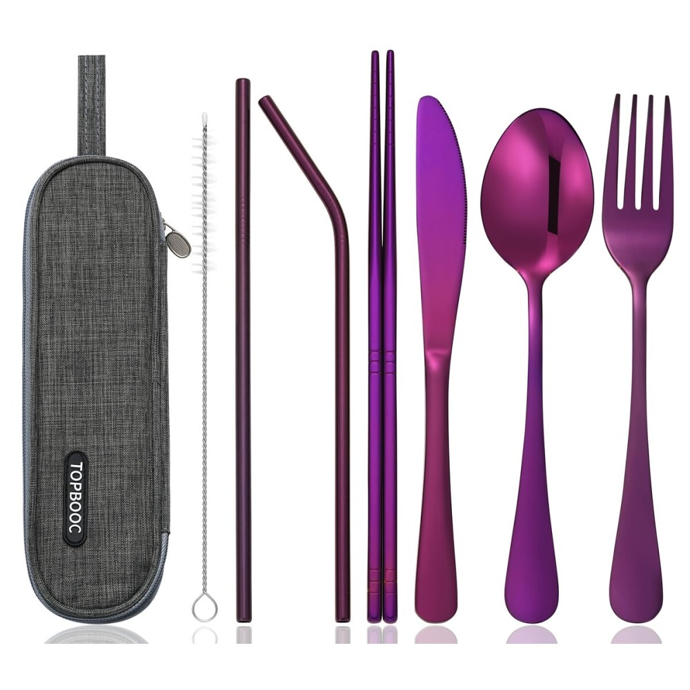 Topbooc 8-Piece Portable Stainless Steel Flatware Set, Travel Camping Cutlery Set with Purple Waterproof Case