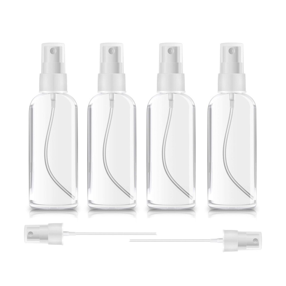 ZEROFIRE 4 Pack Spray Bottles 2oz Clear Plastic Empty Refillable Mini Spritzer for Travel, Cleaning, Gardening, Skin Care Atomizer for Essential Oils, Perfume