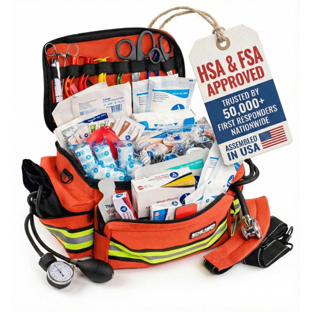 Scherber First Responder Fully-Stocked Professional Essentials EMT/EMS Trauma Kit | HSA/FSA Approved | Reflective Bag w/8 Zippered Pockets & Compartments & 200+ First Aid Supplies - Orange