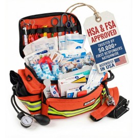 Scherber First Responder Fully-Stocked Professional Essentials EMT/EMS Trauma Kit | HSA/FSA Approved | Reflective Bag w/8 Zippered Pockets & Compartments & 200+ First Aid Supplies - Orange