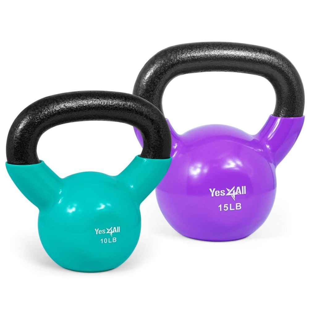 Yes4All Kettlebell, Vinyl Coated Cast Iron Kettlebell Sets 10 & 15lbs for Weights Exercises, Full Body Workout, Push Up, Grip Strength & Strength Training - Multicolor