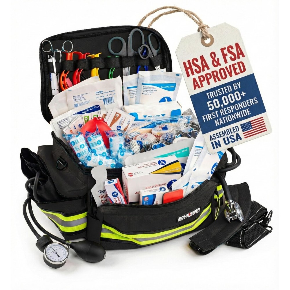 Scherber First Responder Fully-Stocked Professional Essentials EMT/EMS Trauma Kit | HSA/FSA Approved | Reflective Bag w/8 Zippered Pockets & Compartments & 200+ First Aid Supplies - Black
