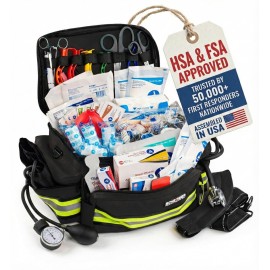 Scherber First Responder Fully-Stocked Professional Essentials EMT/EMS Trauma Kit | HSA/FSA Approved | Reflective Bag w/8 Zippered Pockets & Compartments & 200+ First Aid Supplies - Black