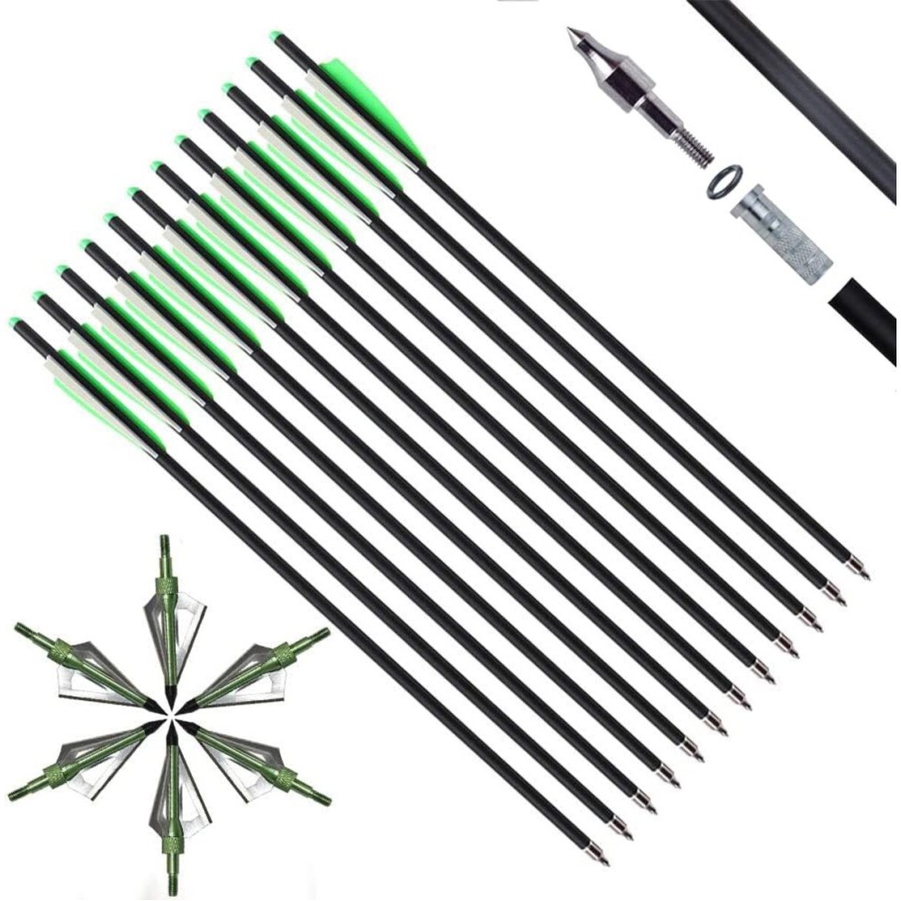 IRQ 20 Inch Crossbow Bolts and Crossbow Broadheads Set, Carbon Crossbow Arrows for Hunting and Outdoor Practice, 12 Green Arrows, 6 Broadheads(18 Pack)