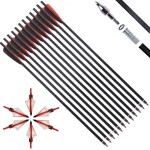 IRQ 20 Inch Crossbow Bolts and Crossbow Broadheads Set, Carbon Crossbow Arrows for Hunting and Outdoor Practice, 12 Red Arrows, 6 Broadheads(18 Pack)(Black and red)