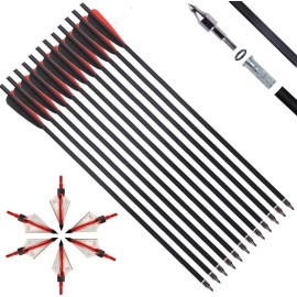 IRQ 20 Inch Crossbow Bolts and Crossbow Broadheads Set, Carbon Crossbow Arrows for Hunting and Outdoor Practice, 12 Red Arrows, 6 Broadheads(18 Pack)(Black and red)