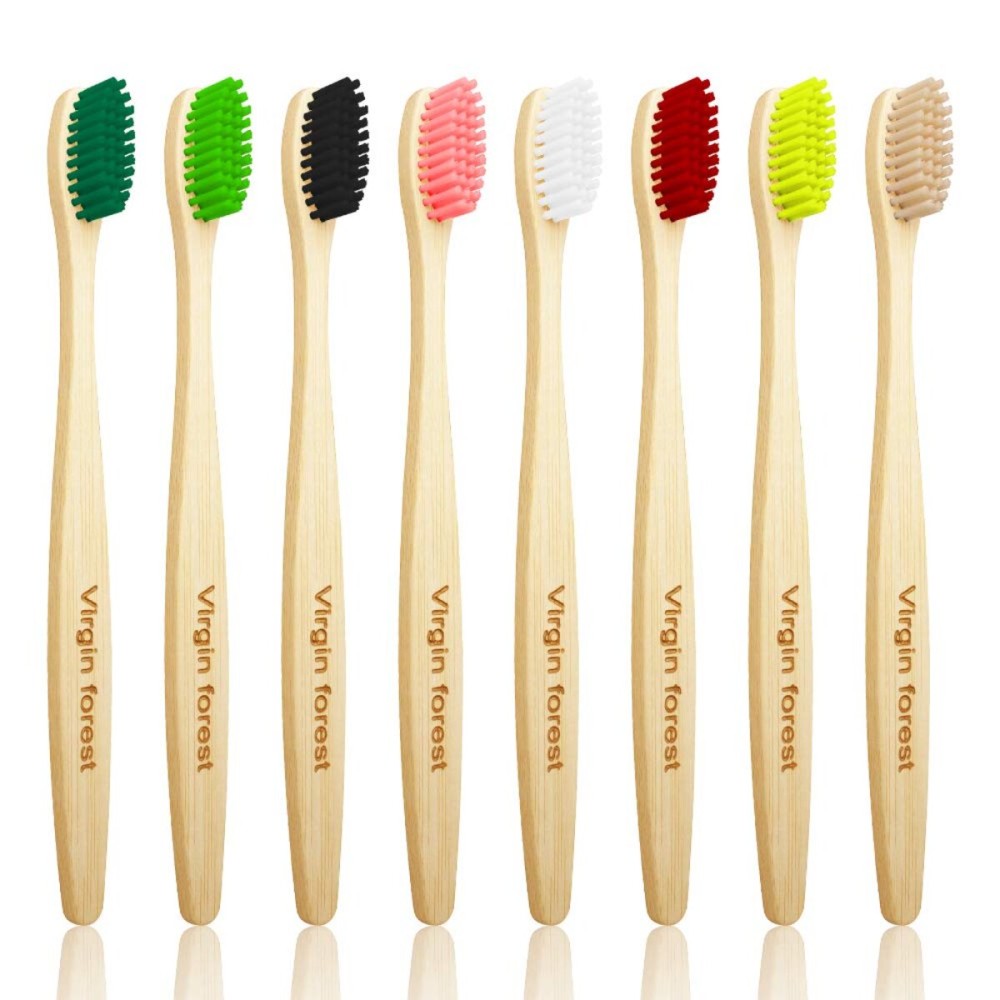 Virgin Forest Bamboo Toothbrush, Biodegradable Toothbrush, Eco Friendly Natural Wooden Toothbrushes, Vegan Organic Bamboo Charcoal Tooth Brush for Sensitive Gums Medium Bristle Set of 8 Color