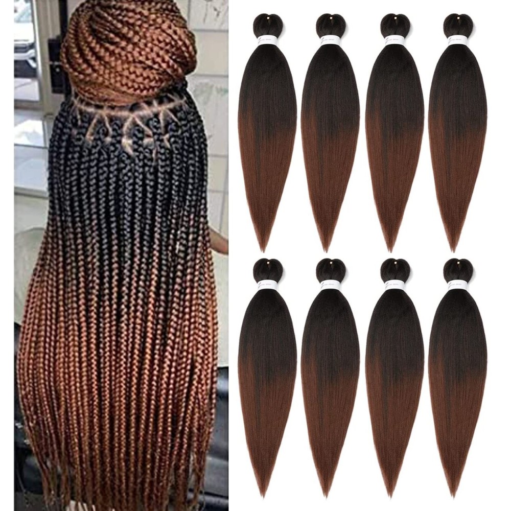 Braiding Hair Pre Stretched 24 Inch 8 Packs Ombre Braiding Hair Professional Soft Yaki Texture, Hot Water Setting Hair Extensions for Braids (24in,1B/30)