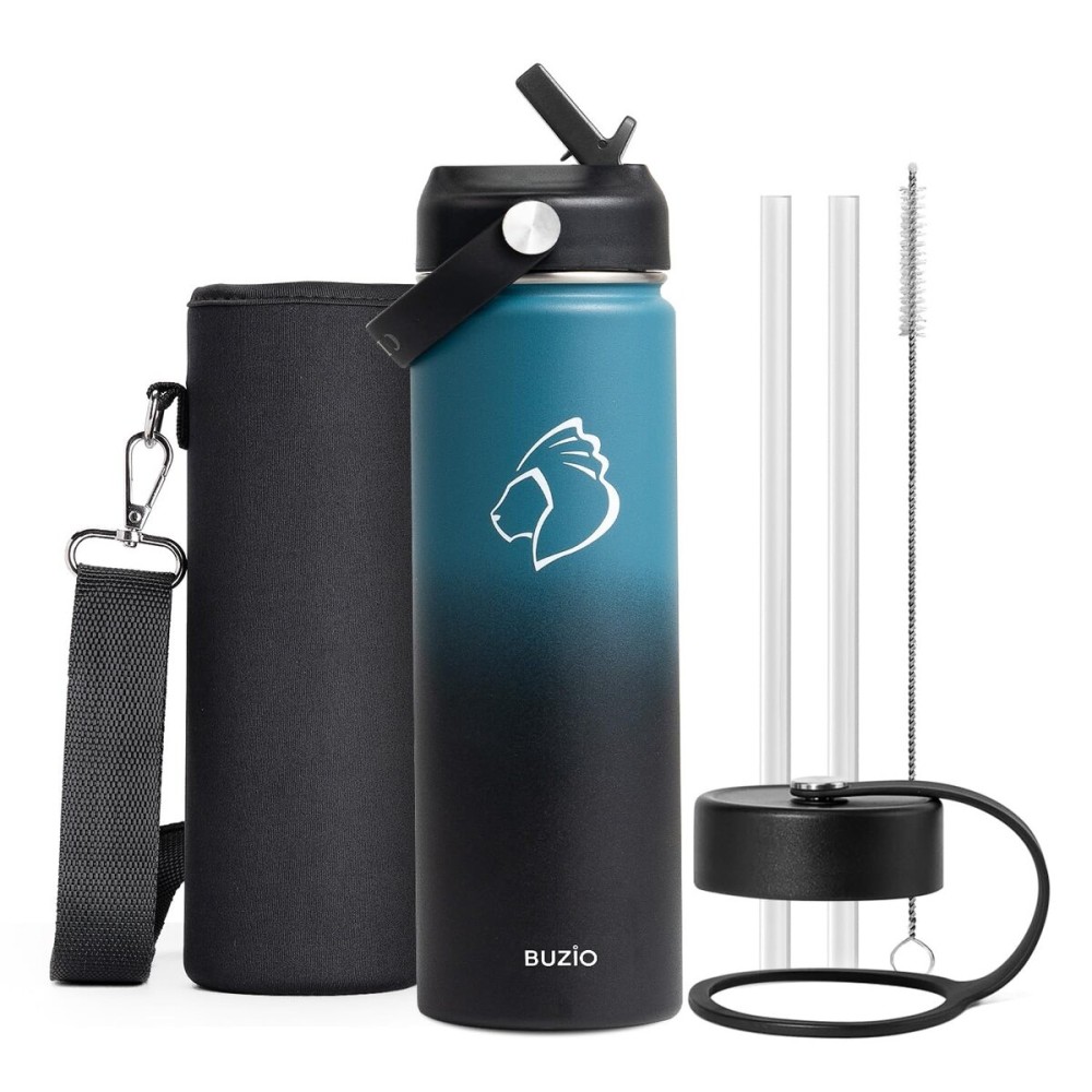 BUZIO Insulated Water Bottle with Straw Lid and Flex Cap, 22oz Modern Double Vacuum Stainless Steel Water Flask, Cold for 48 Hrs Hot for 24 Hrs Simple Thermo Canteen Mug, Indigo Black