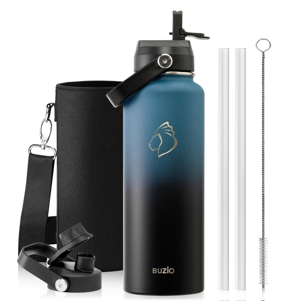 BUZIO Water Bottle with Straw Lid and Flex Cap, 40oz Double Vacuum Stainless Steel Water Flask, Cold for 48 Hrs Hot for 24 Hrs Simple Thermo Canteen Mug, Indigo Black