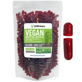 XPRS Nutra Size 00 Empty Capsules - 500 Count Empty Vegan Capsules - Vegetarian Empty Pills - DIY Vegetable Capsule Filling- Veggie Pill Caps (Clear Red)