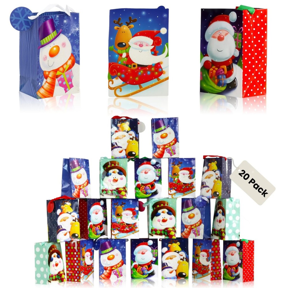 Iconikal 20-Pack Christmas Gift Bags, Small 4x6x2.5-Inch, Snowman Santa Reindeer, Ribbon Handles