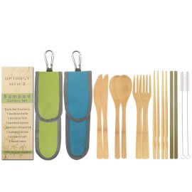 UPTRUST 2 Set Bamboo Cutlery Set Bamboo Travel Utensil Reusable Table cutlery Fork Knife Spoon Chopsticks Straw Cleaning Brush for Travel Picnic School OfficeSkyblue& Green