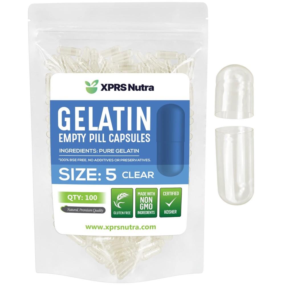 XPRS Nutra Size 5 Empty Capsules - 100 Count Clear Very Small Empty Gelatin Capsules - Pills DIY Capsule Filling - Fillable Pill Gel Caps for Do-It-Yourself Vitamin Supplements