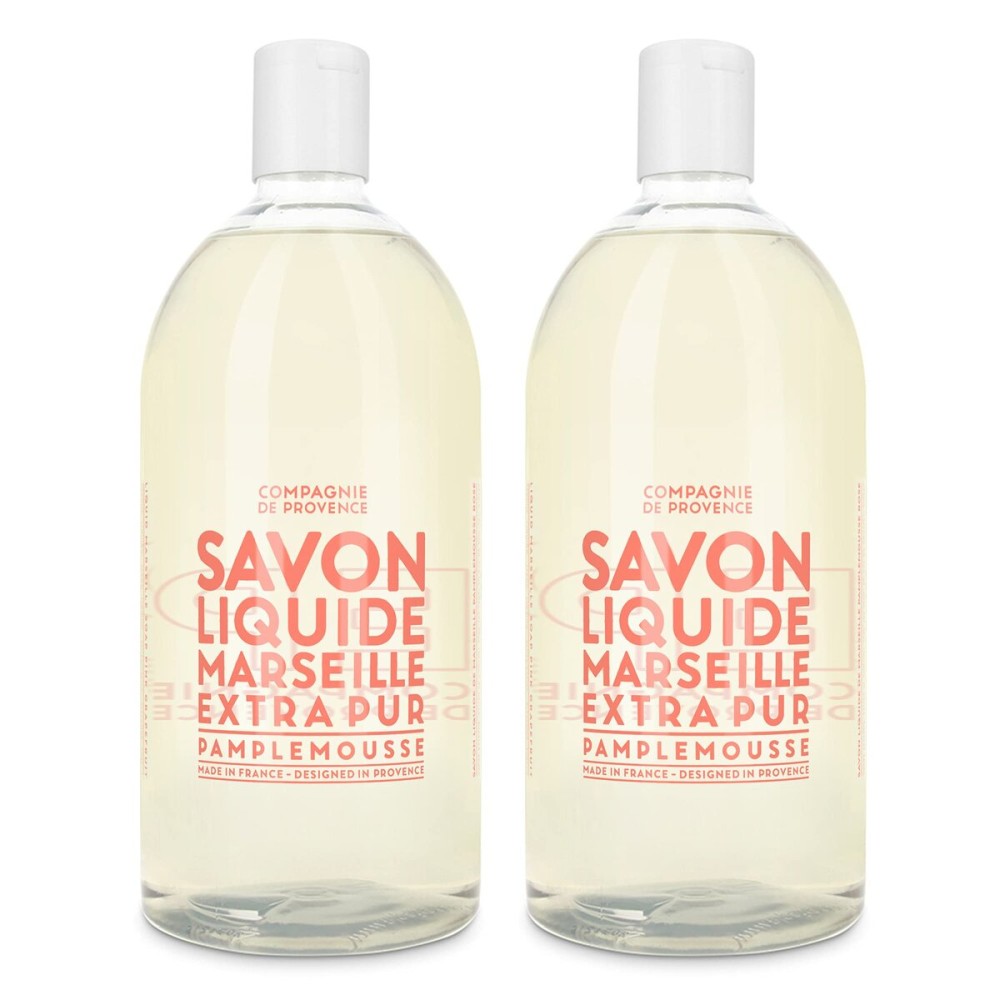 Compagnie de Provence Savon de Marseille Extra Pure Liquid Soap, Pink Grapefruit, Two 33.8 fl oz Plastic Bottle Refills