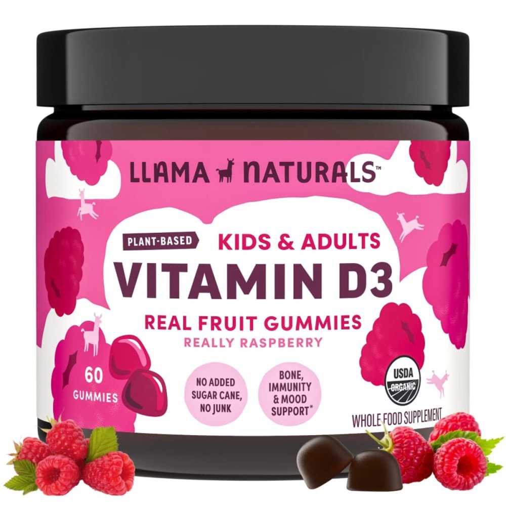 Llama Naturals Vitamin D3, Vegan, Organic Immune Support Supplement, Vitamin D Gummies for Adults and Kids, Real Fruit Gummy Vitamins, Promotes Bone Health, No Added Sugar Cane, Raspberry, 60 Ct