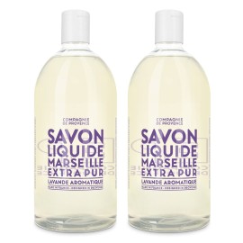 Compagnie de Provence Savon de Marseille Extra Pure Liquid Soap, Aromatic Lavender, Two 33.8 fl oz Plastic Bottle Refills